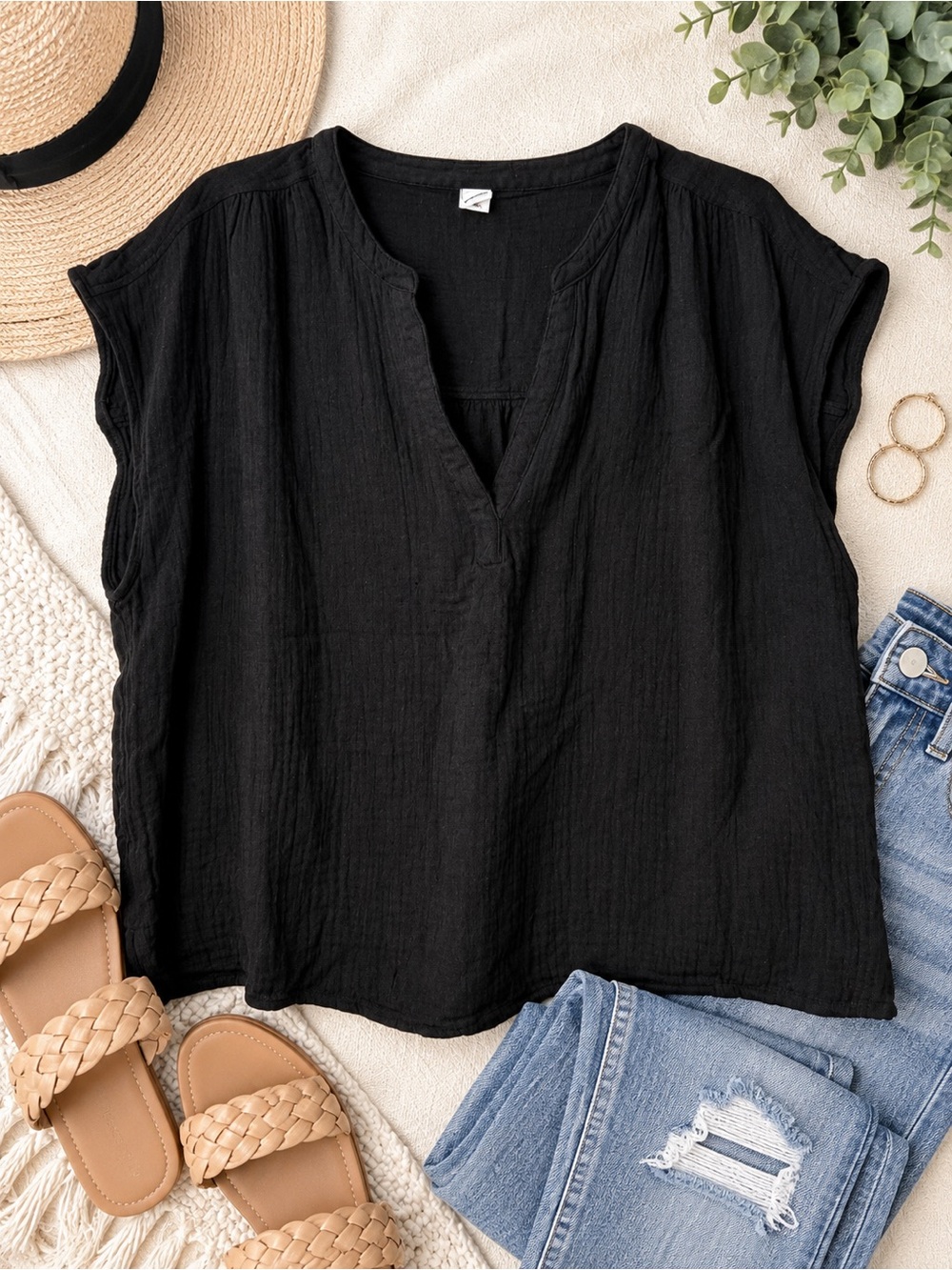 Black V-Neck Short Sleeve Gauze Women's Top